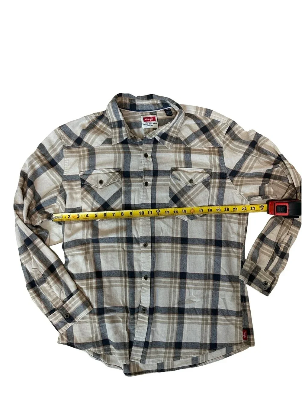 Wrangler Men's XL Snap Front Flannel Shirt Tan Black Plaid Western Fall